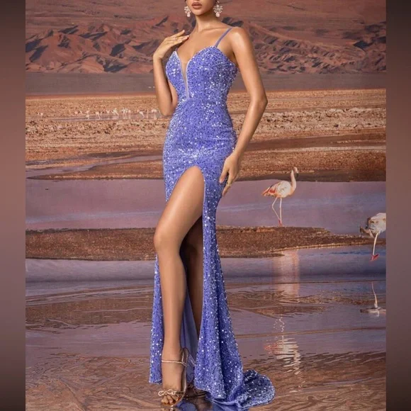 Luxe purple slit thigh sequins party dress - Picture 6 of 8